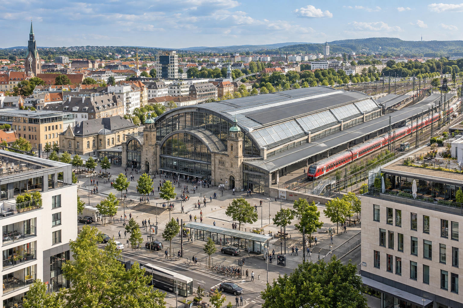 Bahnhof mit Wohn- und Geschäftsgebäuden im Umfeld