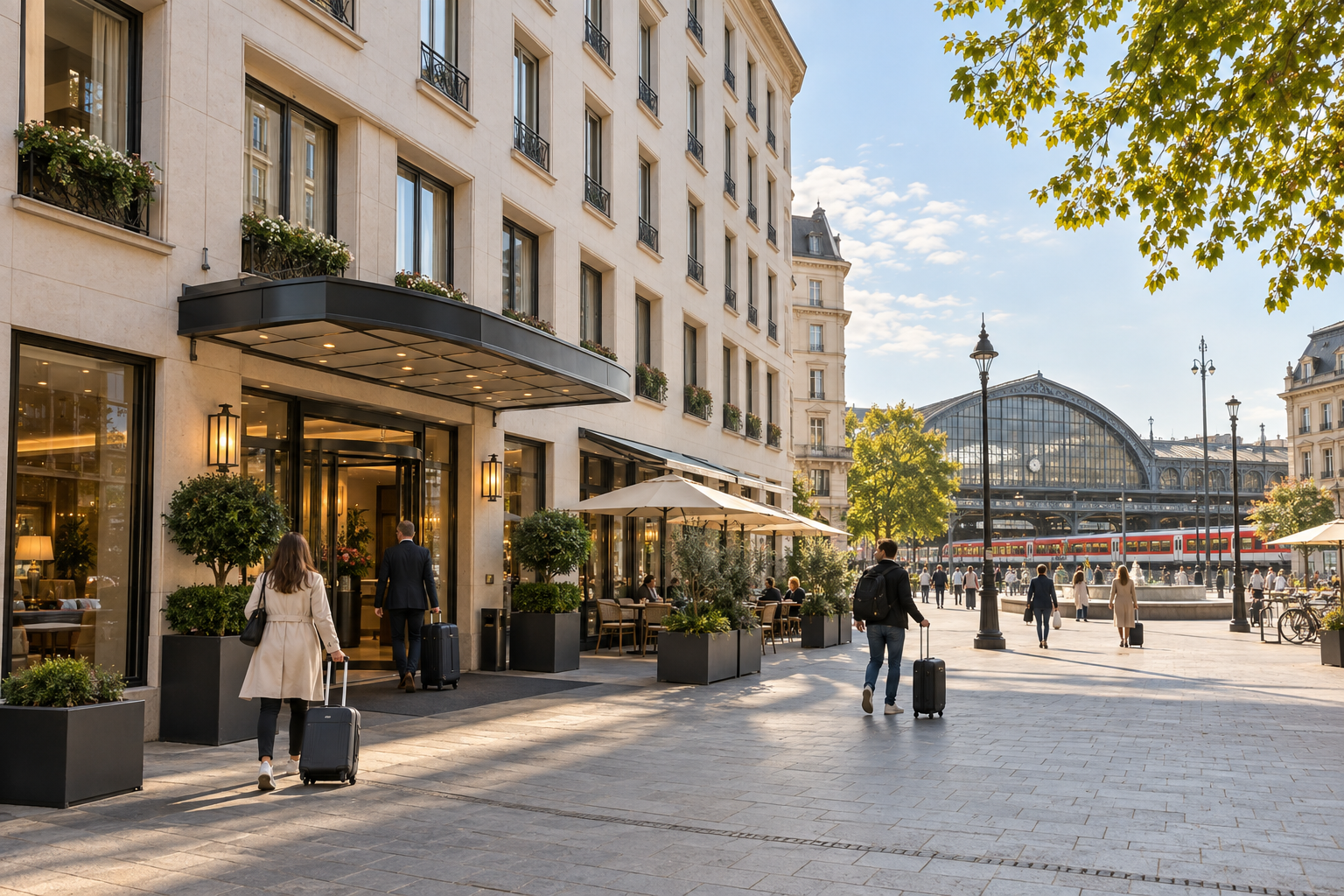 Hotelgebäude und Fußgängerplatz nahe einem Bahnhof