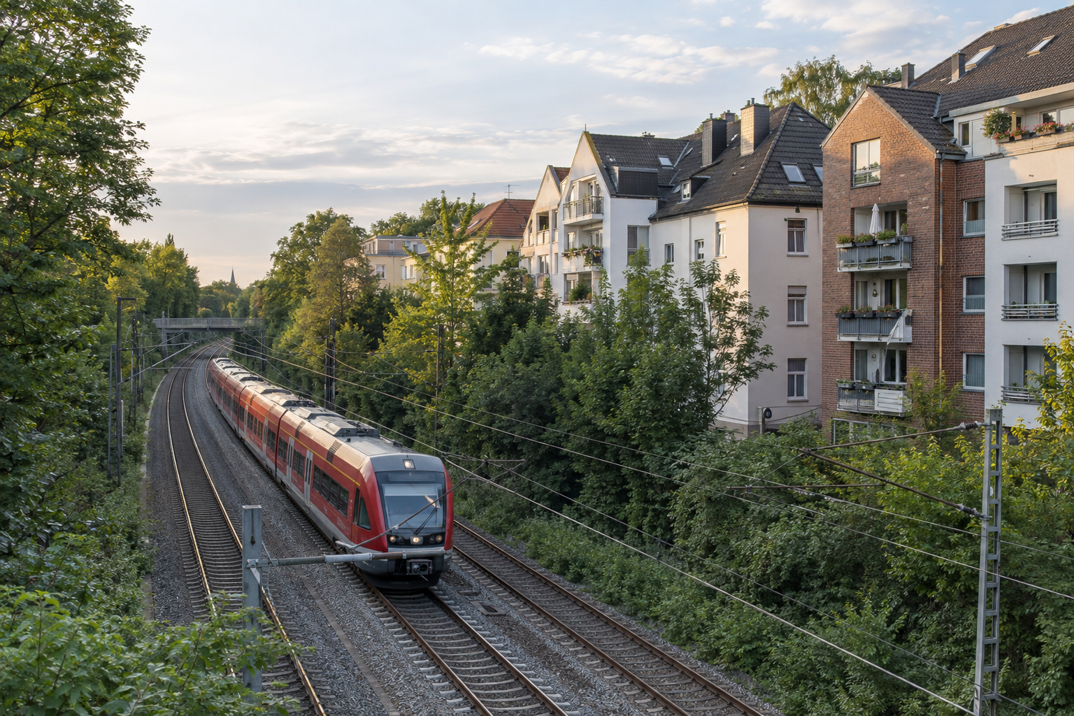 Wohnhäuser nahe einer innerstädtischen Bahnstrecke